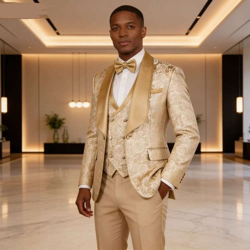 Jacquard 3-Piece Men's Formal Smoking Suit with Xale Lapel Blazer Set for Groom