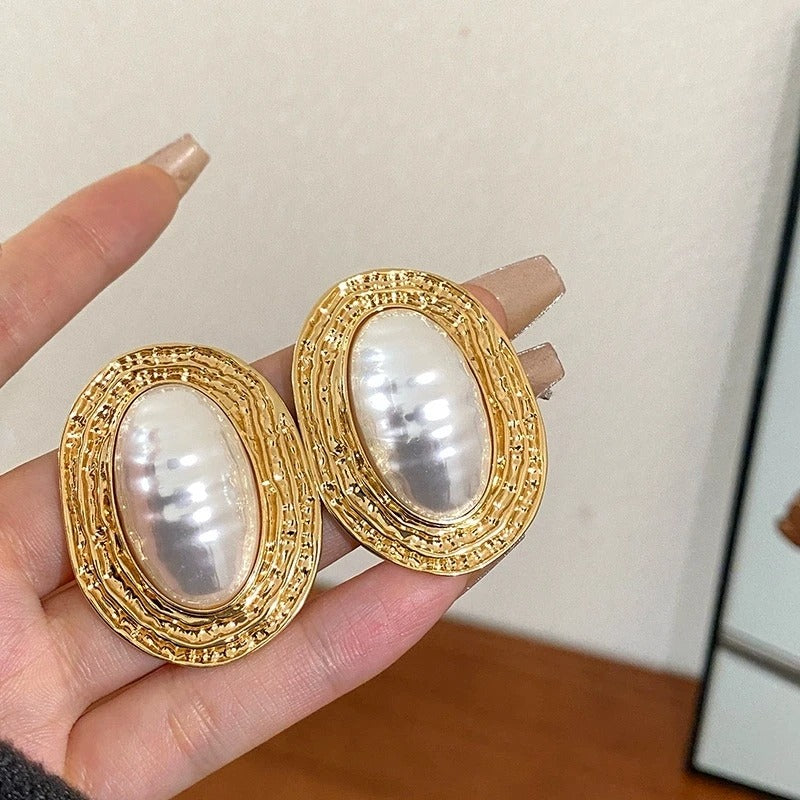 Metal Geometric Oval Baroque Imitation Pearl Stud Earrings For Women European