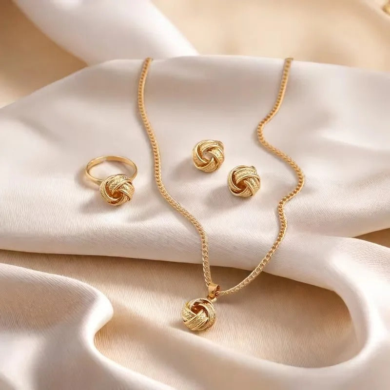 New Fashion Metal Jewelry Three-dimensional Ring Earring Necklace Three Piece Set