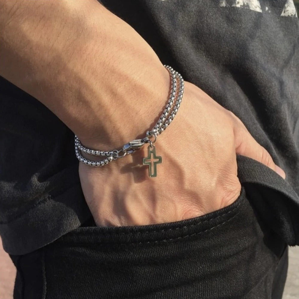 Personalized Silver Color Stainless Steel Double Layer Pendant Bracelet for Men